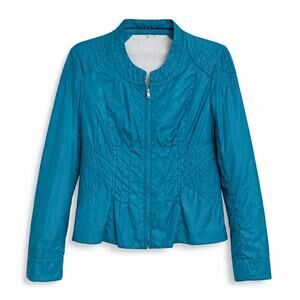 Elie Tahari Teal Zip Front Jacket Size 4 Lightweight Quilted Panel Fitted Blazer